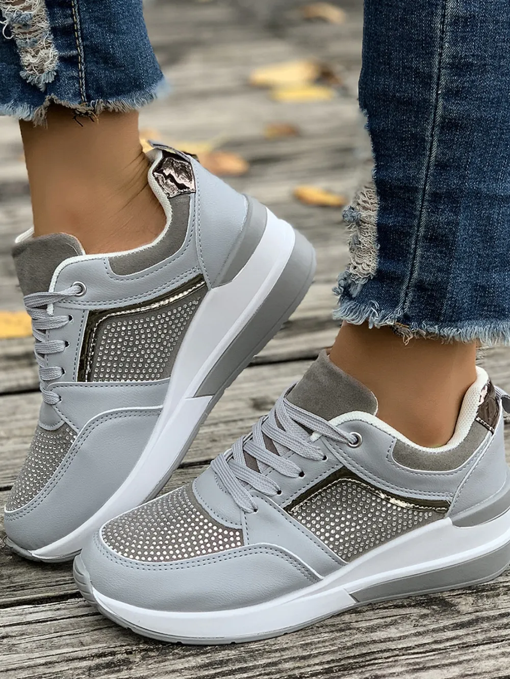 Lace-Up Rhinestone Wedge Sneakers, image 8