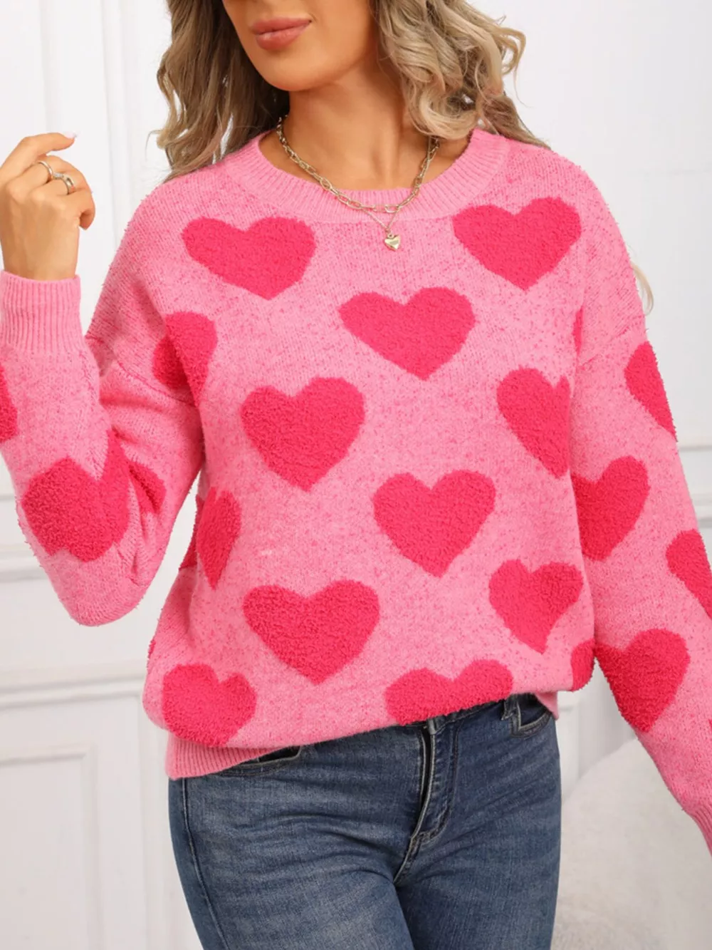 Valentine's Day Heart Pattern Round Neck Sweater, image 8