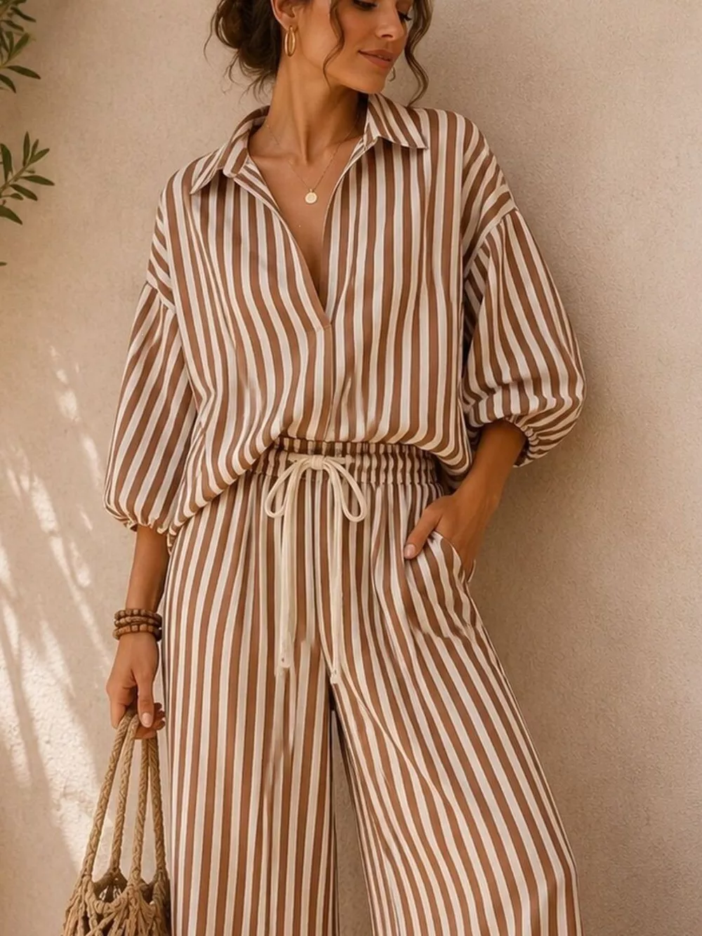 Full Size Striped Relaxed Fit Shirt and Wide-Leg Pants Set Plus Size, image 9