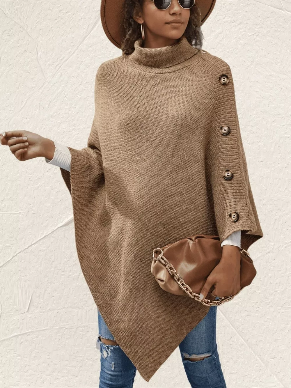 Button-Decor Turtleneck Poncho Pullover, image 9