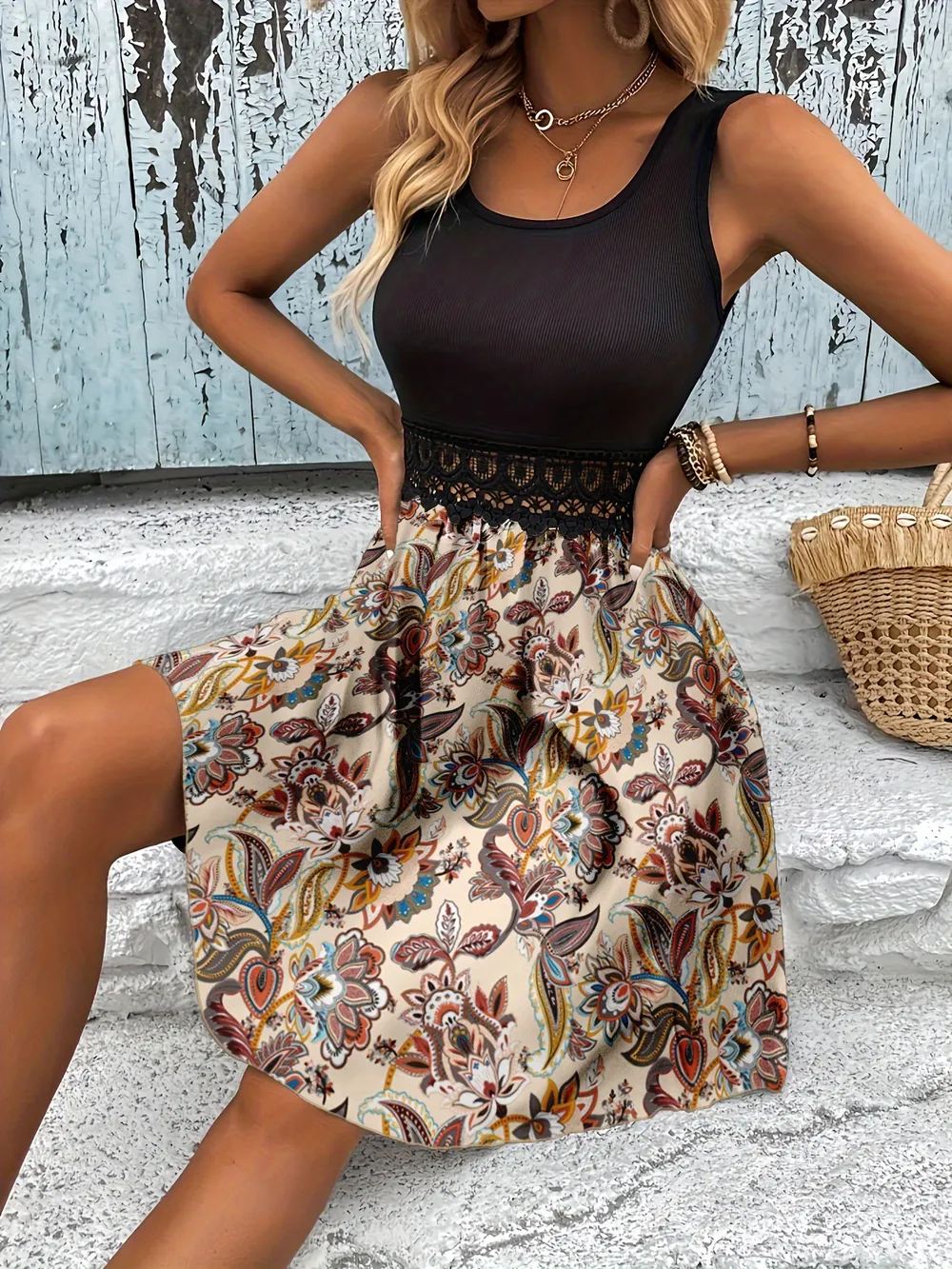 Printed A-Line Tank Dress with Lace Waist Detail, image 13