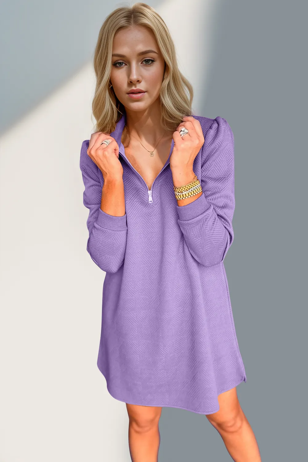 Textured Quarter Zip Long Sleeve Dress, image 9