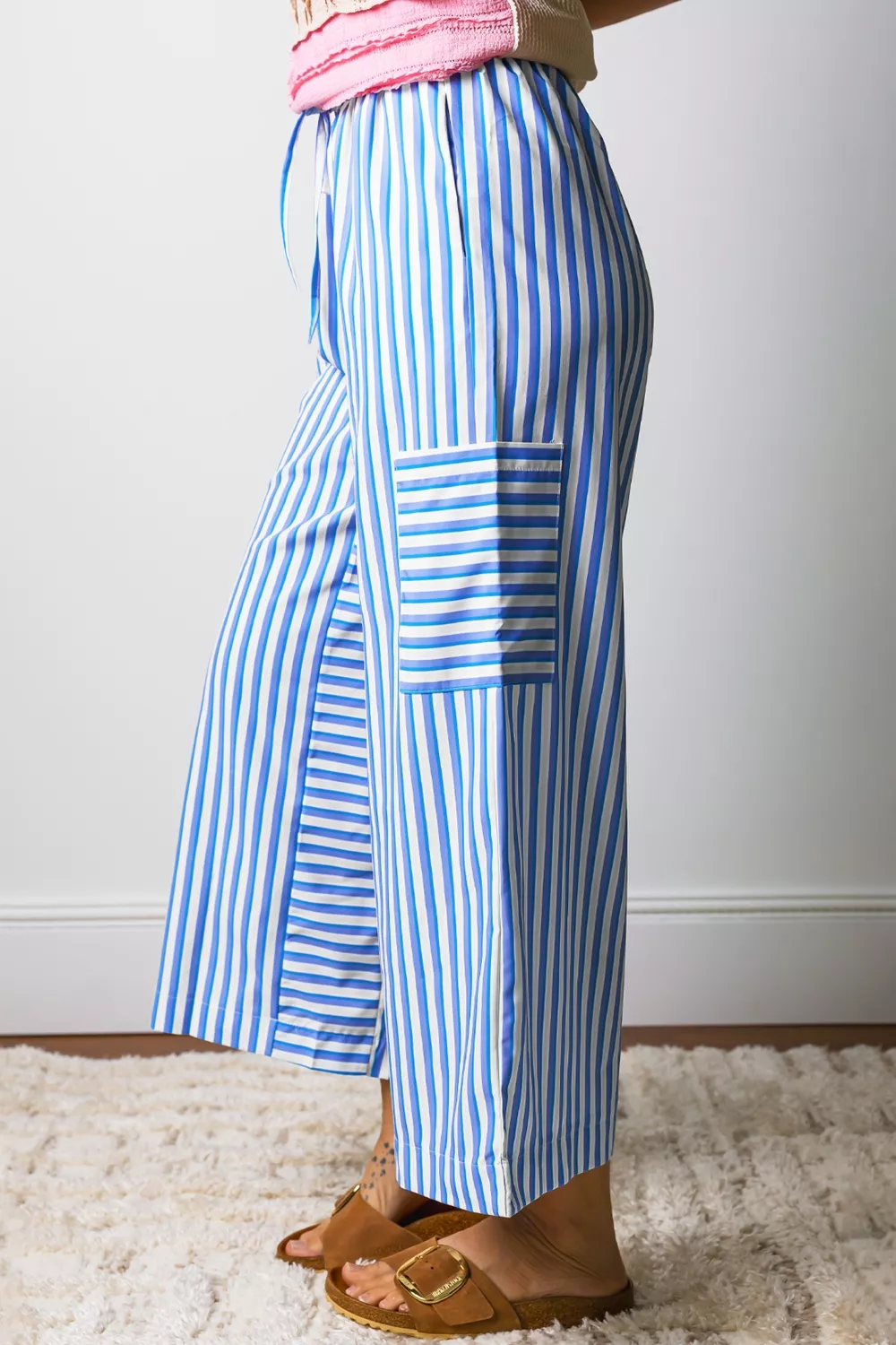 Stripe Drawstring Elastic Waist Patch Pocket Wide Leg Ankle-length Pants, image 3