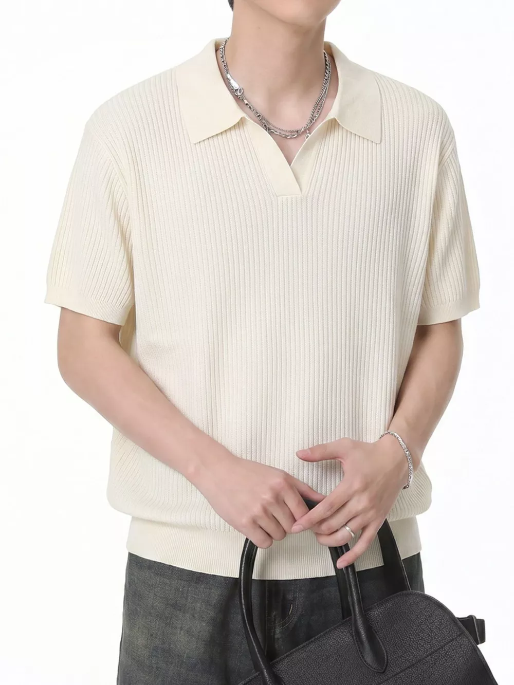 Men's Ribbed Knit Polo Collar Top, image 2