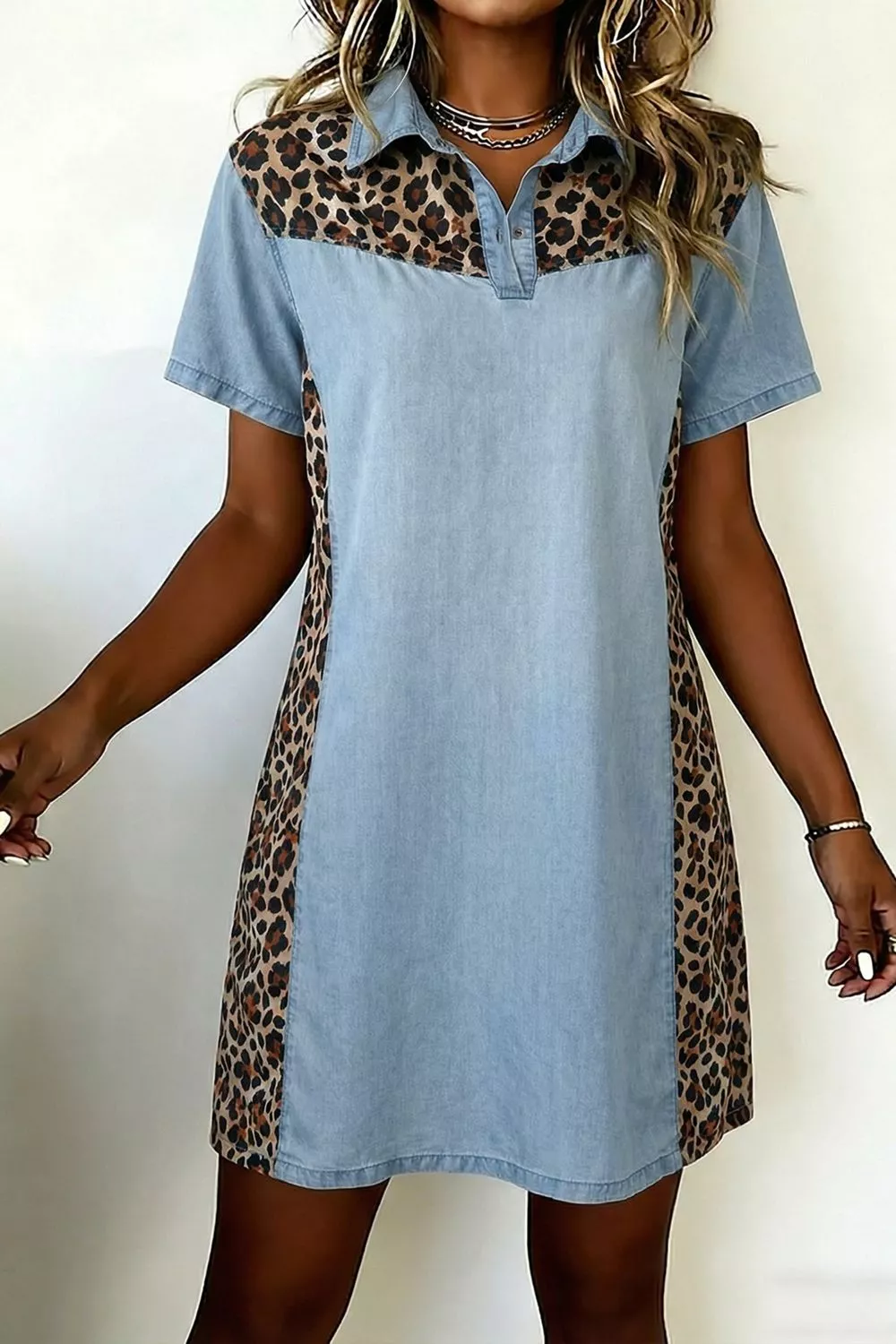 Leopard Print Panel Short Sleeve Dress