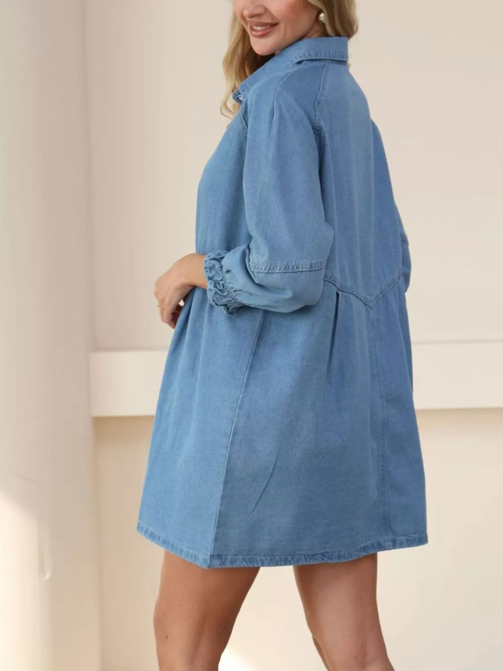 Classic Button-Down Long Sleeve Denim Shirt Dress, image 3