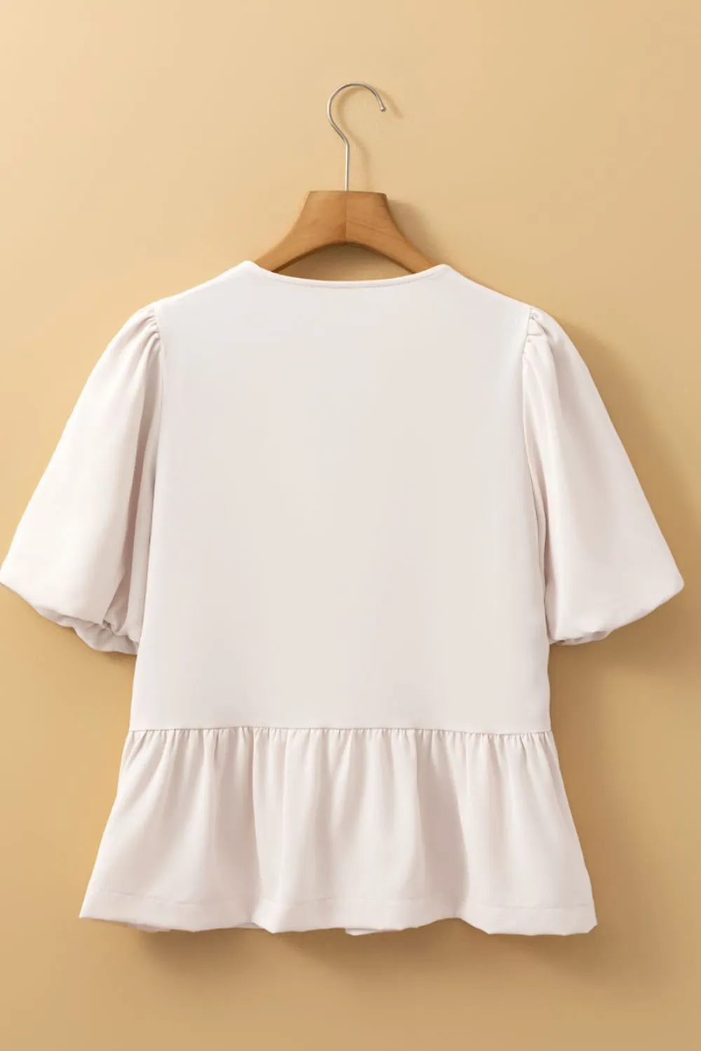 Bow Tie Short Puff Sleeve Ruffle Hem Blouse, image 6