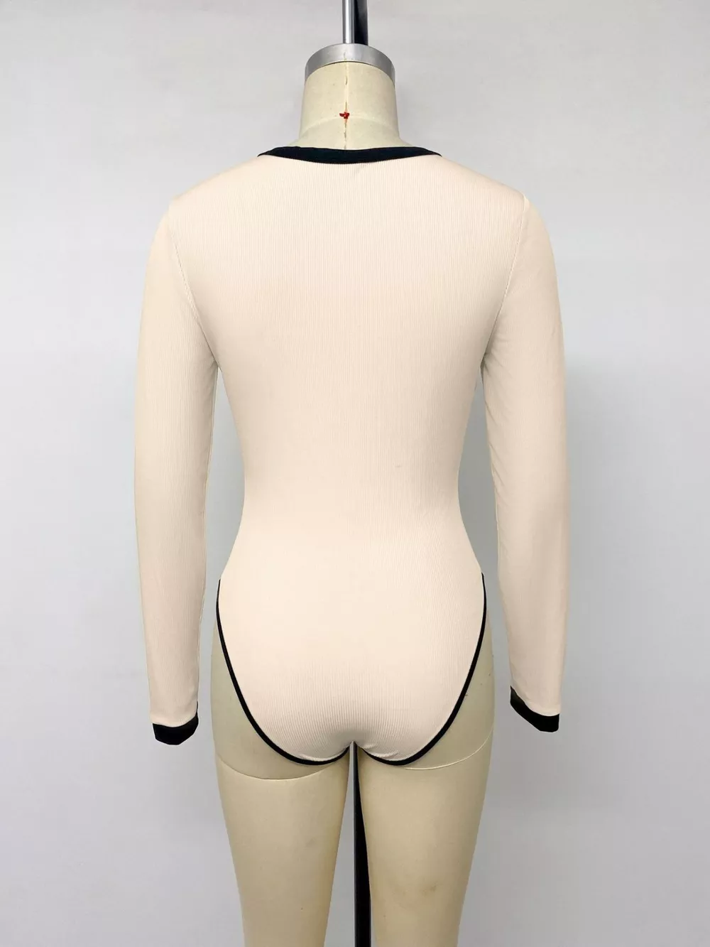 Ribbed V-Neck Long Sleeve Bodysuit with Contrast Trim, image 8