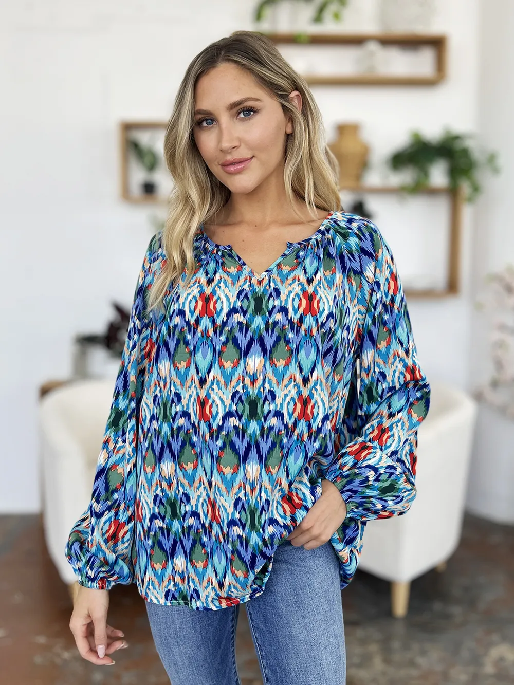 Full Size Printed Balloon Sleeve Blouse, image 17