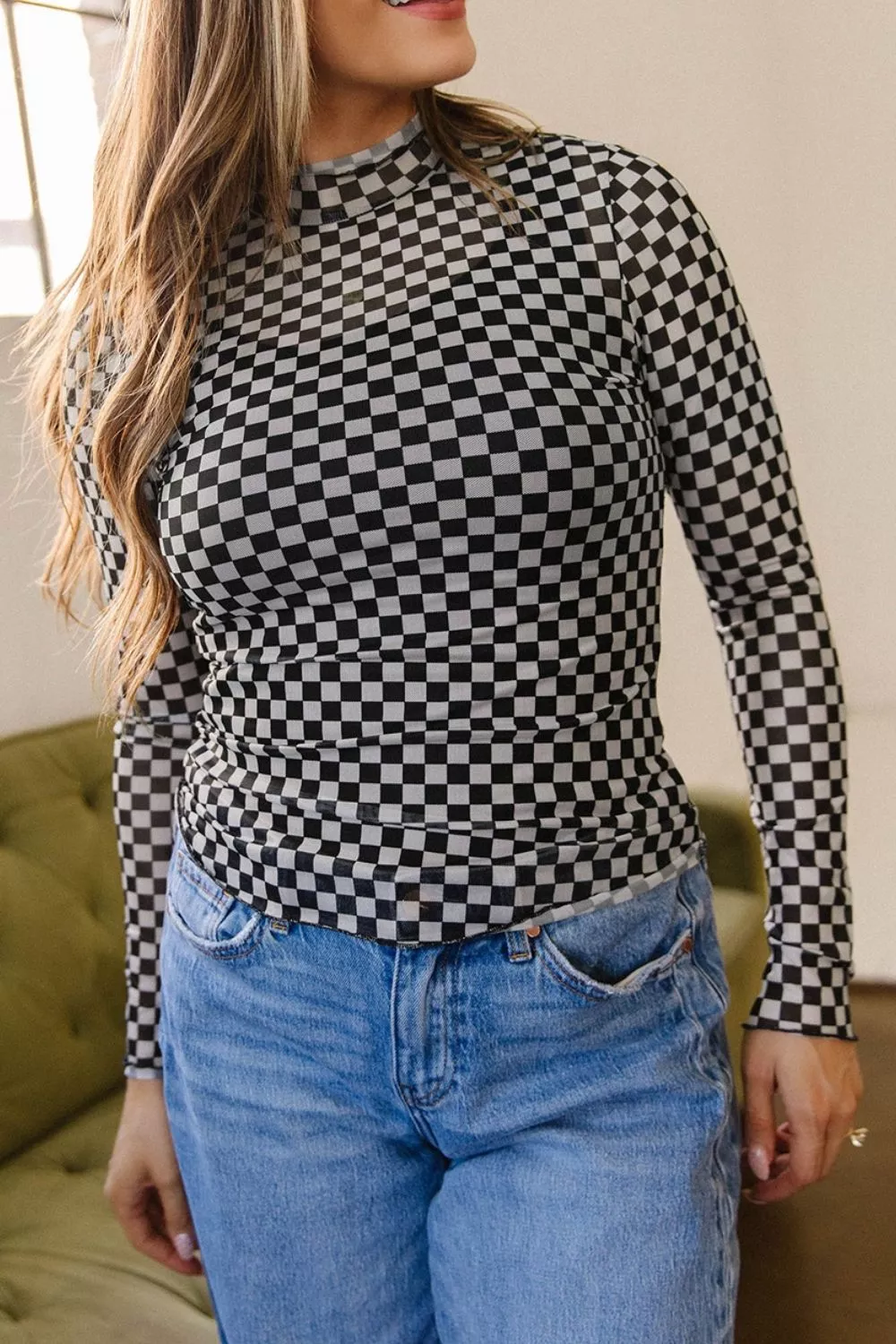 Plaid Stand Neck Long Sleeve Mesh Top, image 4