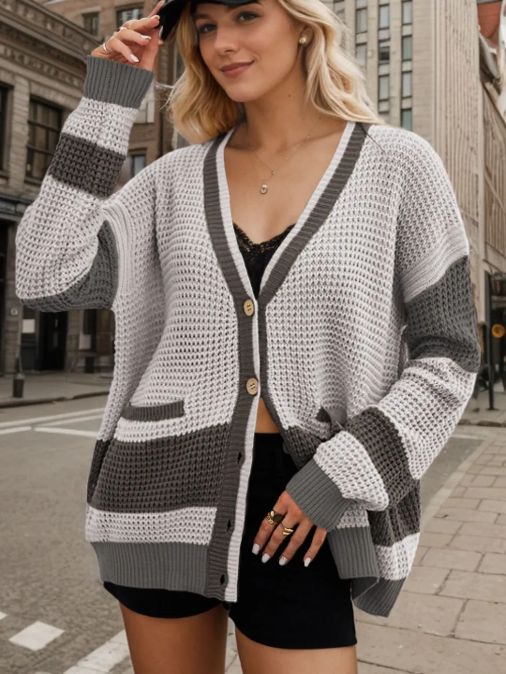 Contrast Button Up Long Sleeve Cardigan, image 9