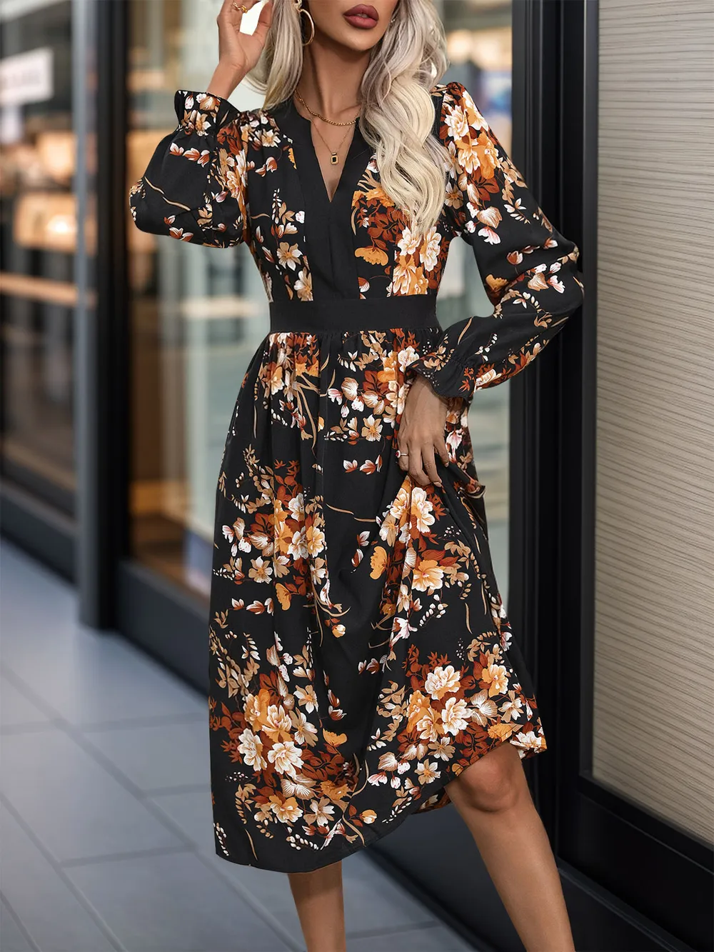 Printed Notched Long Sleeve Midi Dress, image 3