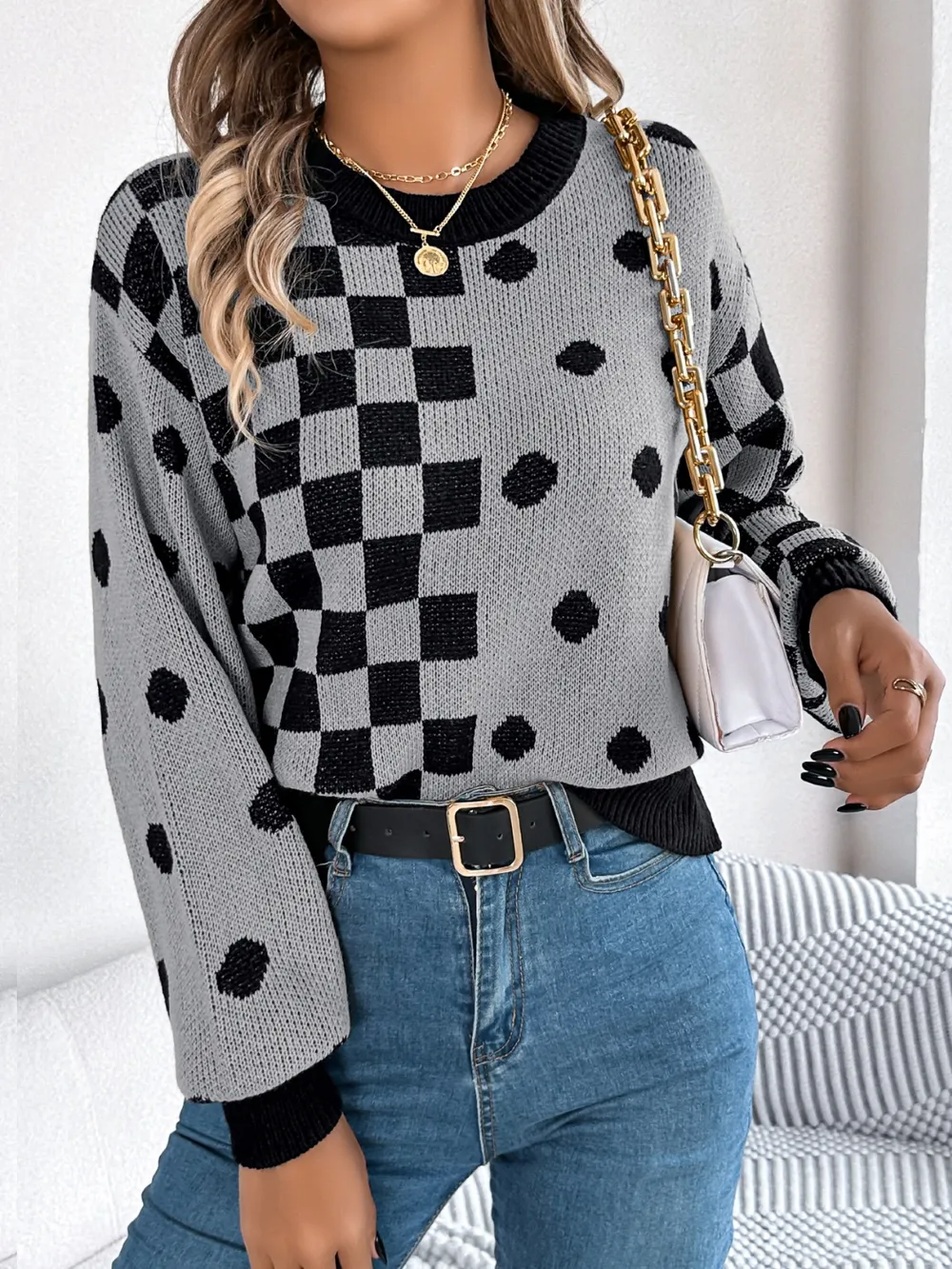 Plaid Round Neck Long Sleeve Sweater, image 6
