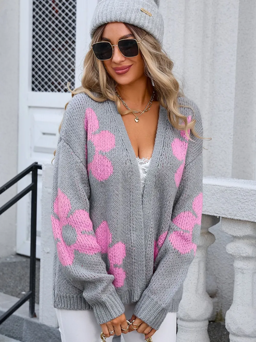 Flower Open Front Long Sleeve Cardigan, image 7