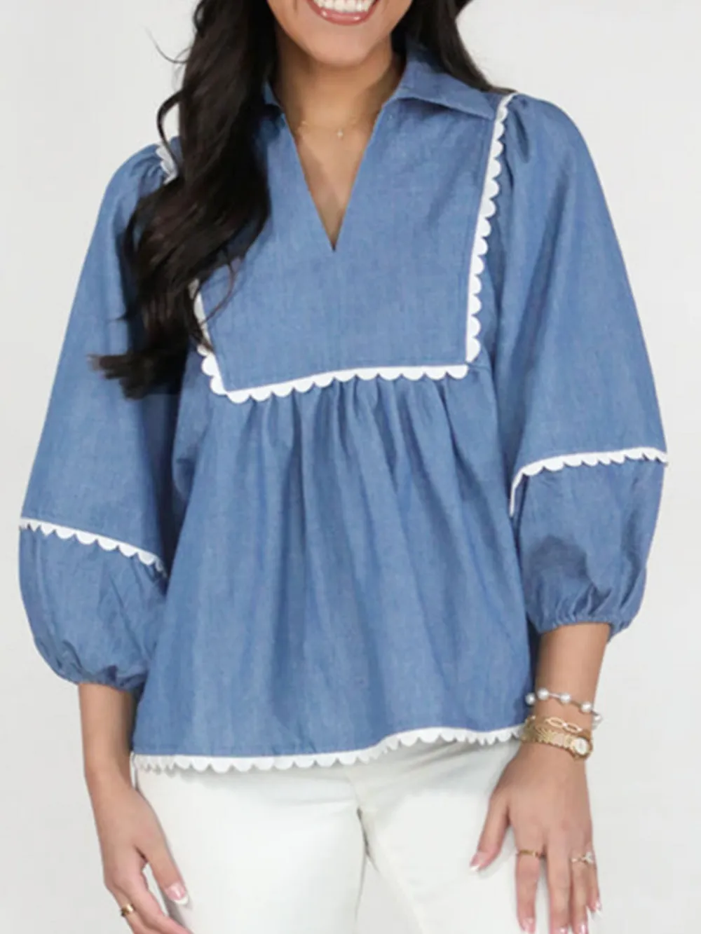Collared Neck Contrast Trim Balloon Sleeve Blouse, image 2