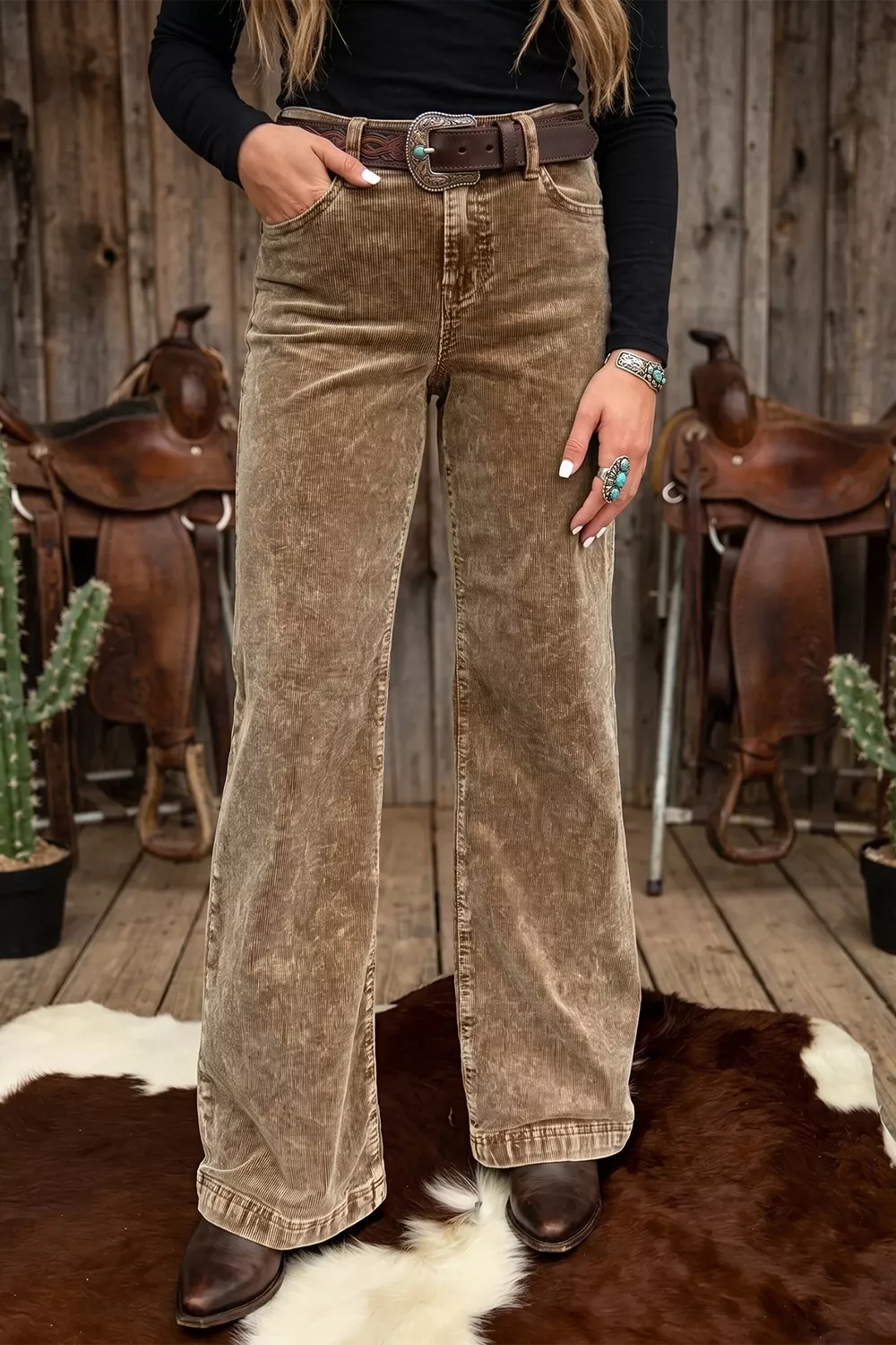 Straight Leg Corduroy Metal Button Zip-up Pants
