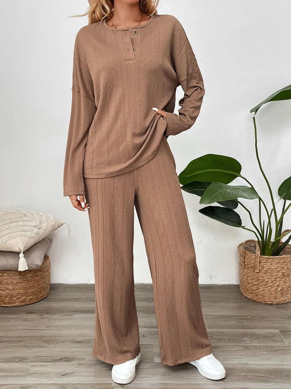Quarter Button Long Sleeve Top and Pants Set, image 2