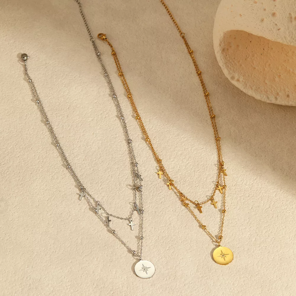 18K Gold-Plated Cross Double Layered Pendant Necklace, image 5