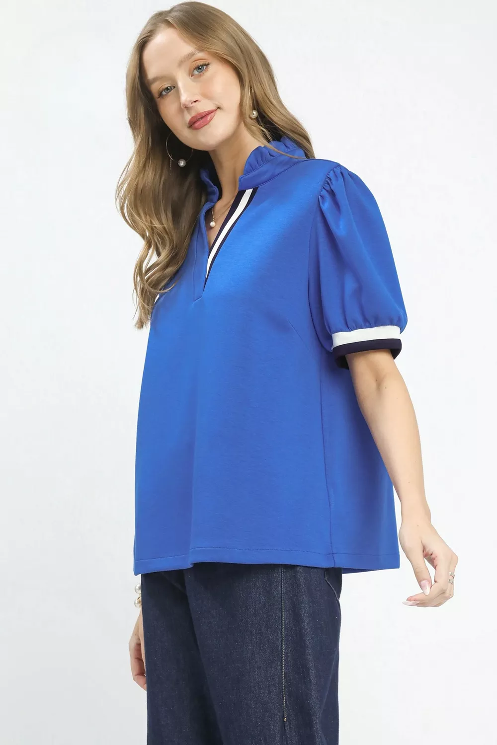 Luxe knit Contrast Trim Puff Sleeve Top, image 2