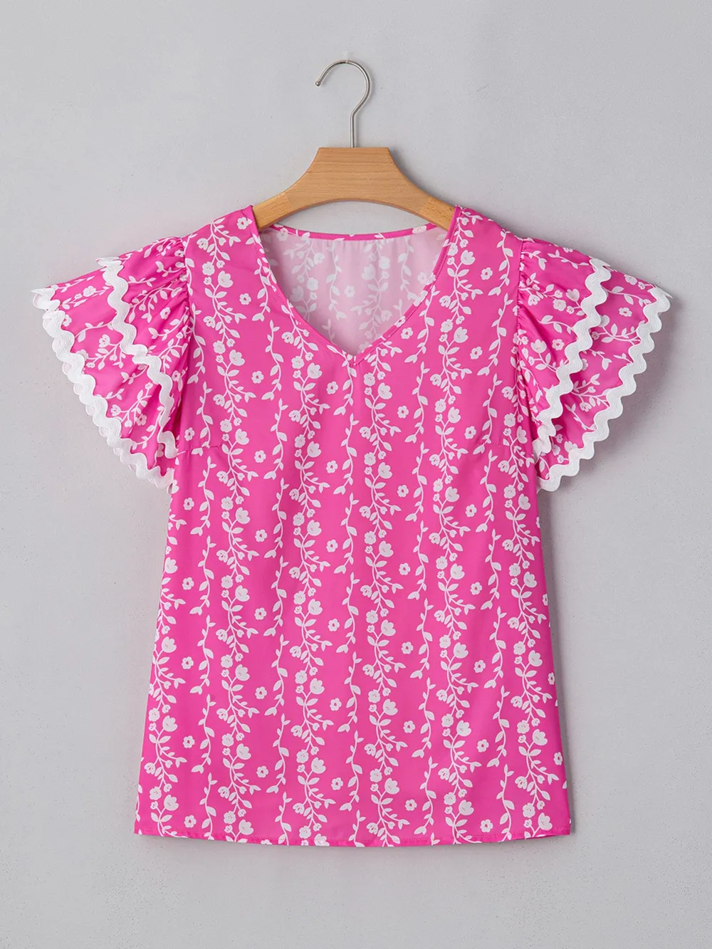 Floral Print Ric-rac Tiered Ruffled V Neck Blouse, image 4