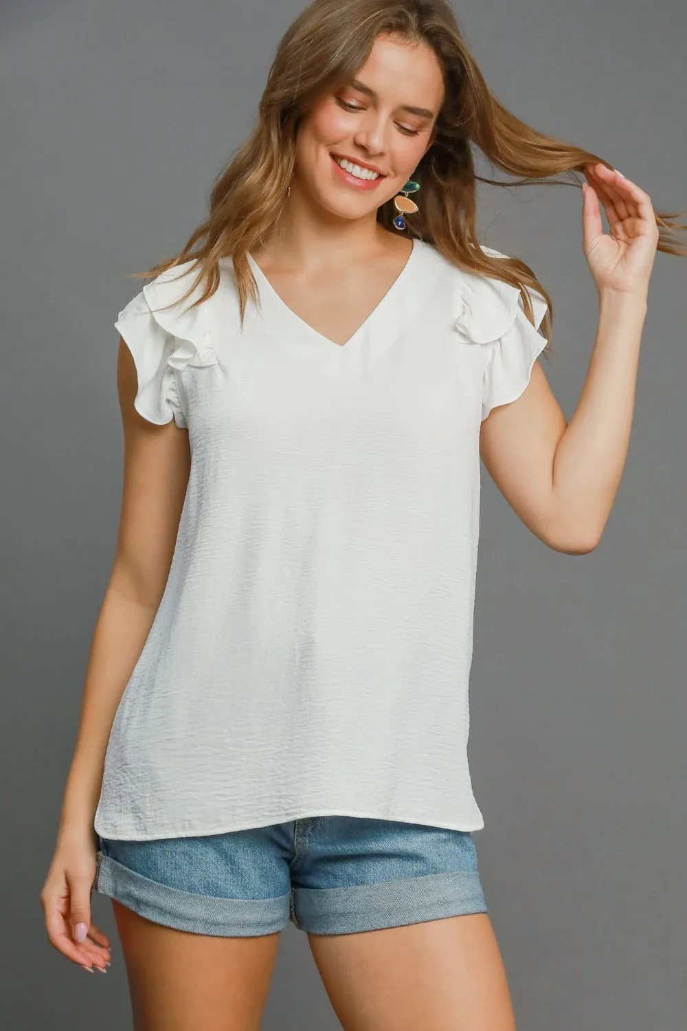 Full Size V-Neck Double Layered Ruffle Sleeve Blouse Plus Size