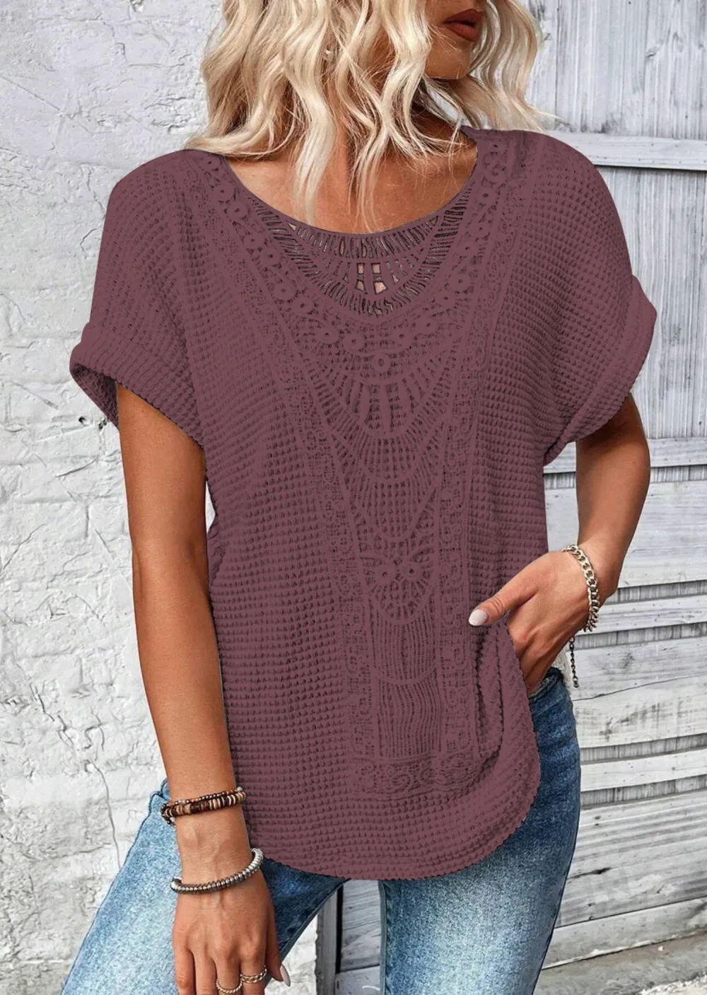 Crochet Lace Short Sleeve Casual T-Shirt, image 13