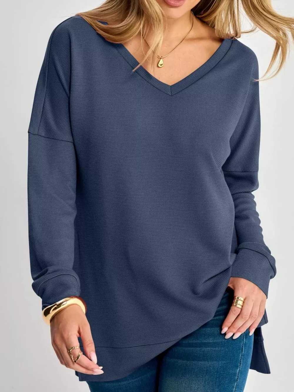 Side Slit Waffle Knit V-Neck T-Shirt, image 7