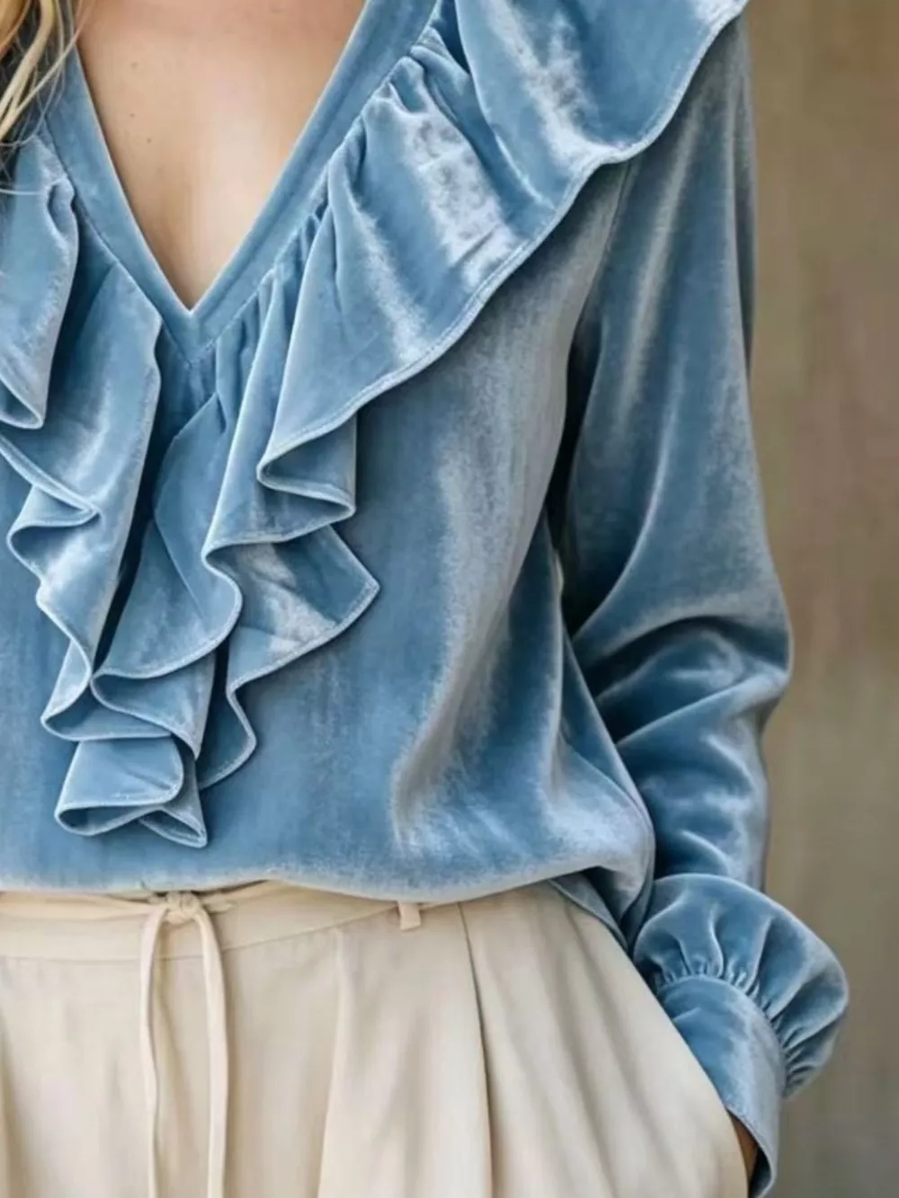 Full Size Velvet Ruffle V-Neck Blouse Plus Size, image 6