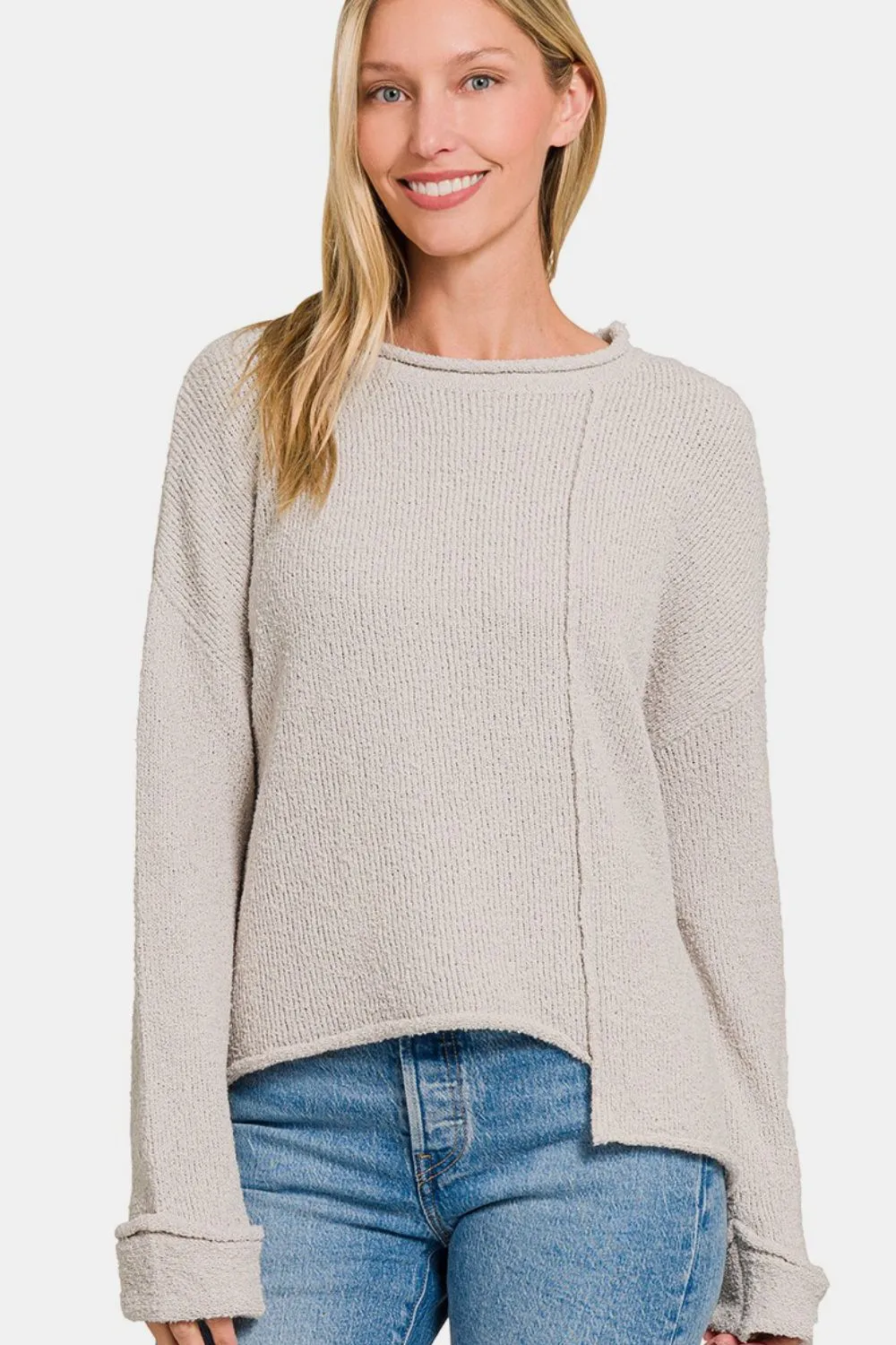Asymmetric Hem Drop Shoulder Sweater, image 2