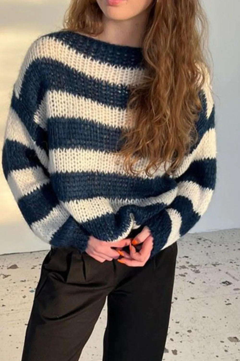 Contrast Striped Boat Neck Long Sleeve Sweater, image 12