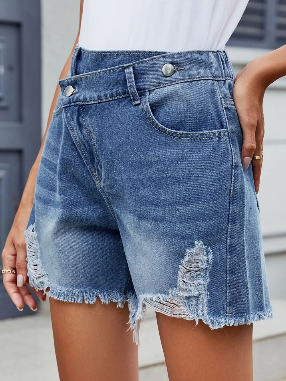 Distressed Raw Hem Asymmetrical Waist Denim Shorts, image 4