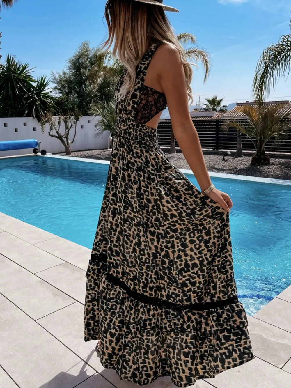 Leopard Print Sleeveless Maxi Dress with Lace Trim, image 5