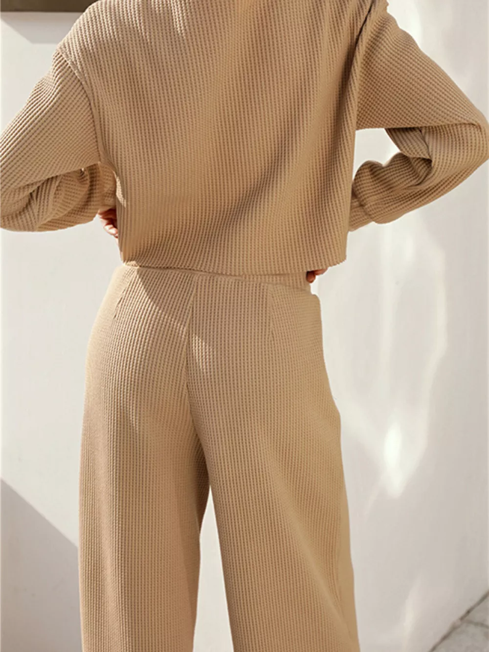 Waffle-Knit Round Neck Top and Pants Set, image 13