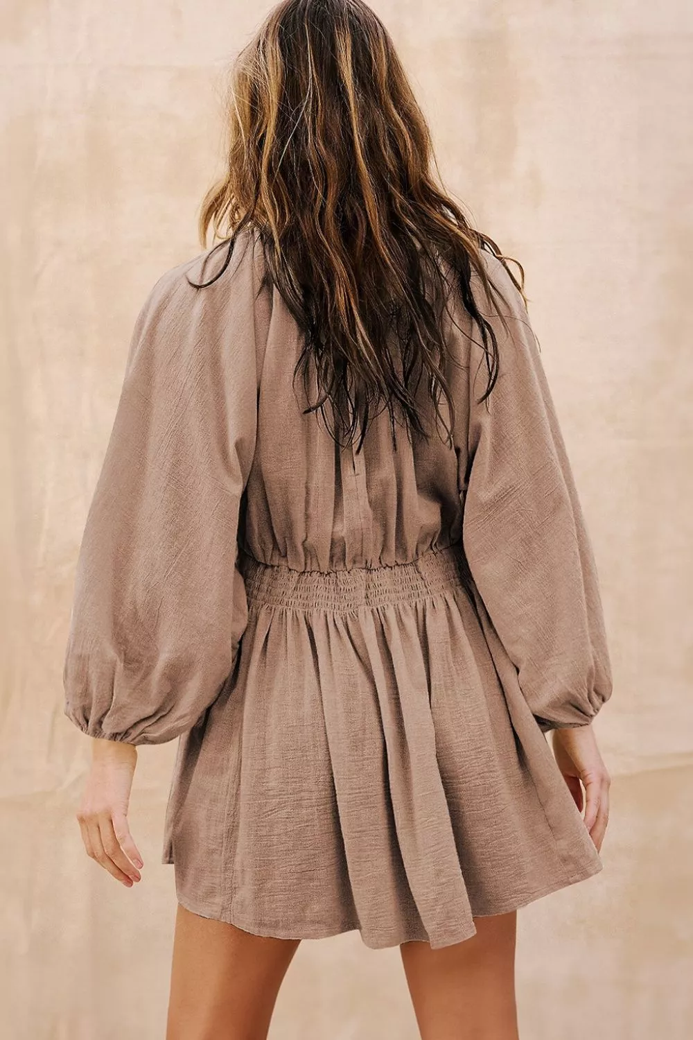 Smocked V-Neck Balloon Sleeve Dress, image 3