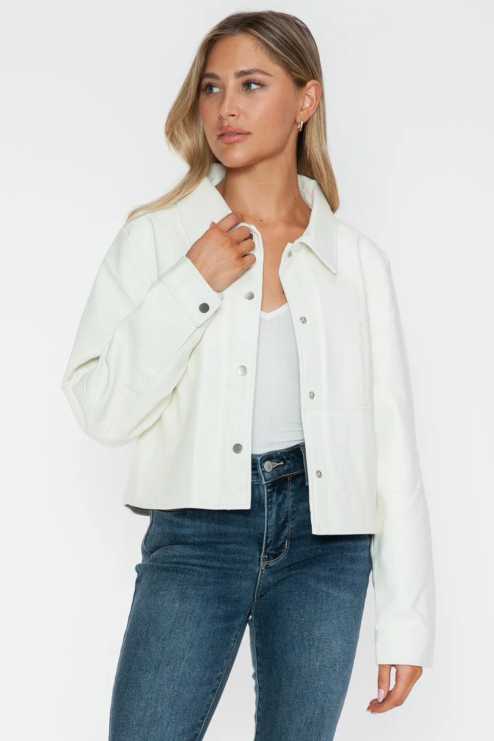 Snap Down Long Sleeve PU Leather Jacket, image 7