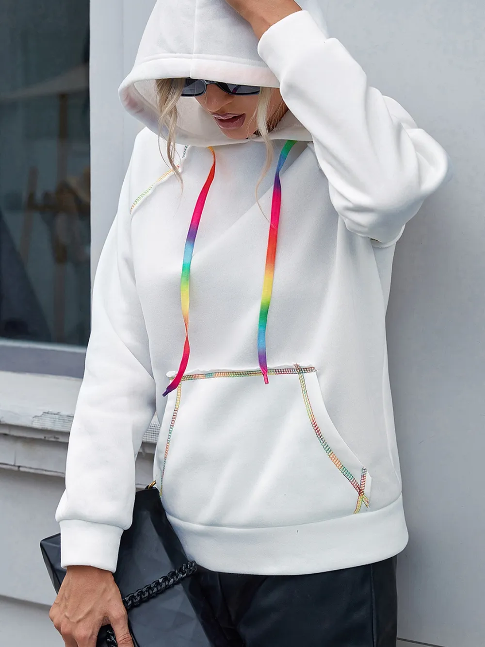 Contrast Stitching Drawstring Raglan Sleeve Hoodie, image 4