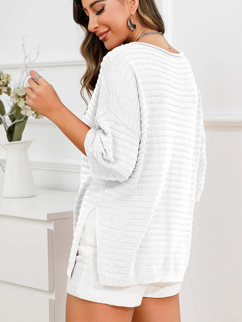 Rolled Round Neck Dropped Shoulder Slit Sweater, image 3
