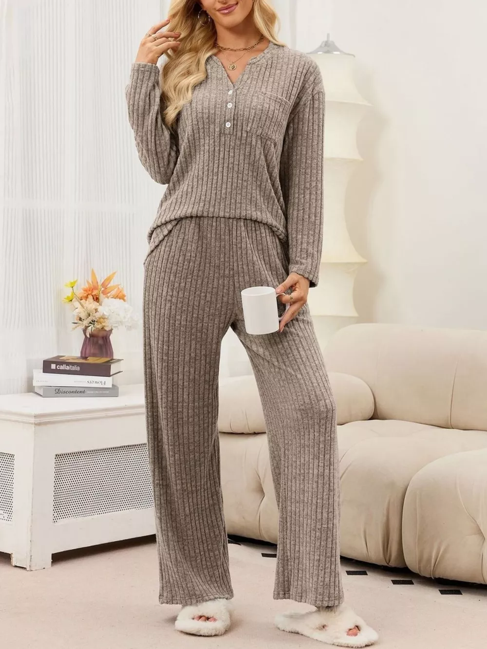 Ribbed Knit Top and Wide-Leg Pants Set, image 16