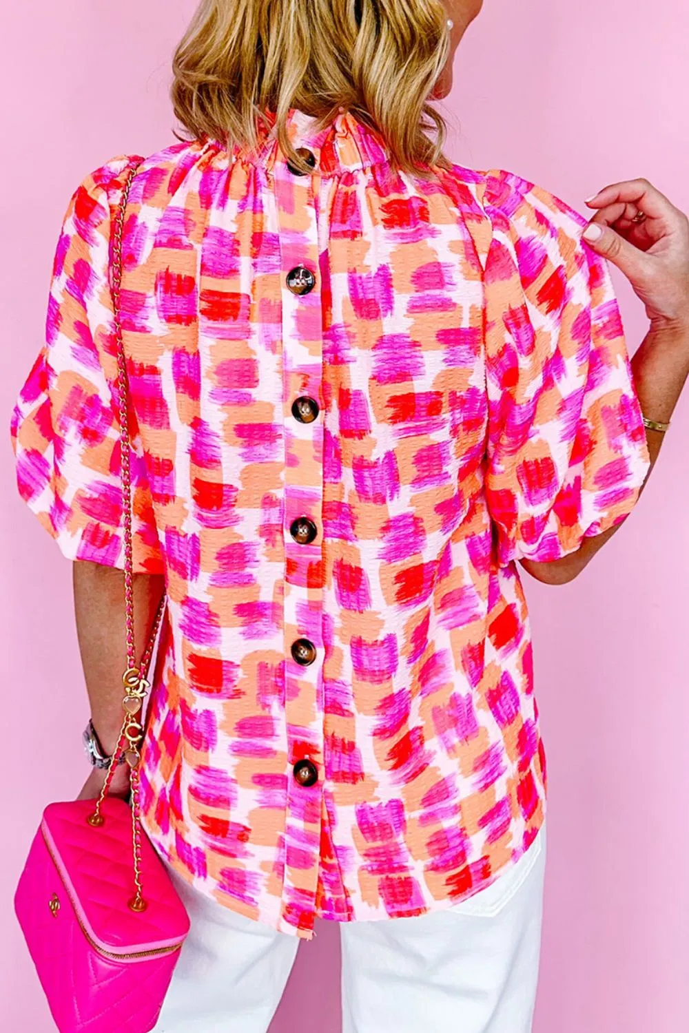 Abstract Print Button Back Ruffed Mock Neck Blouse, image 3