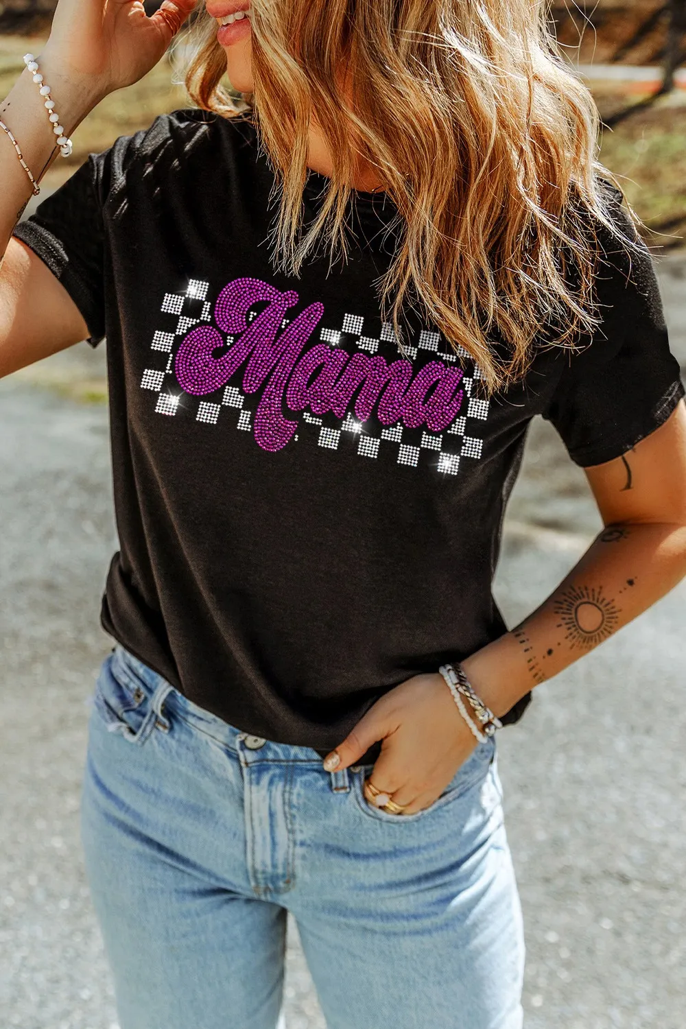 MAMA Rhinestone Letter Round Neck T-Shirt, image 4