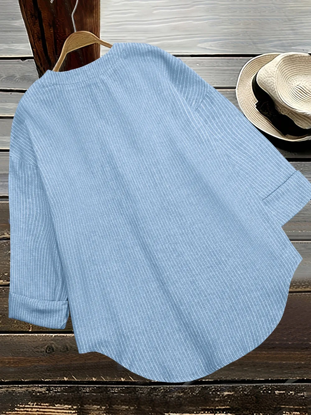 Striped Notched Long Sleeve Blouse, image 2