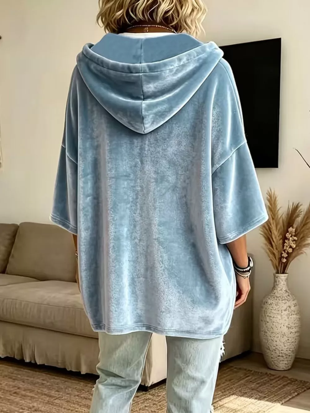 Velvet Loose Fit Hoodie with Drawstring, image 3