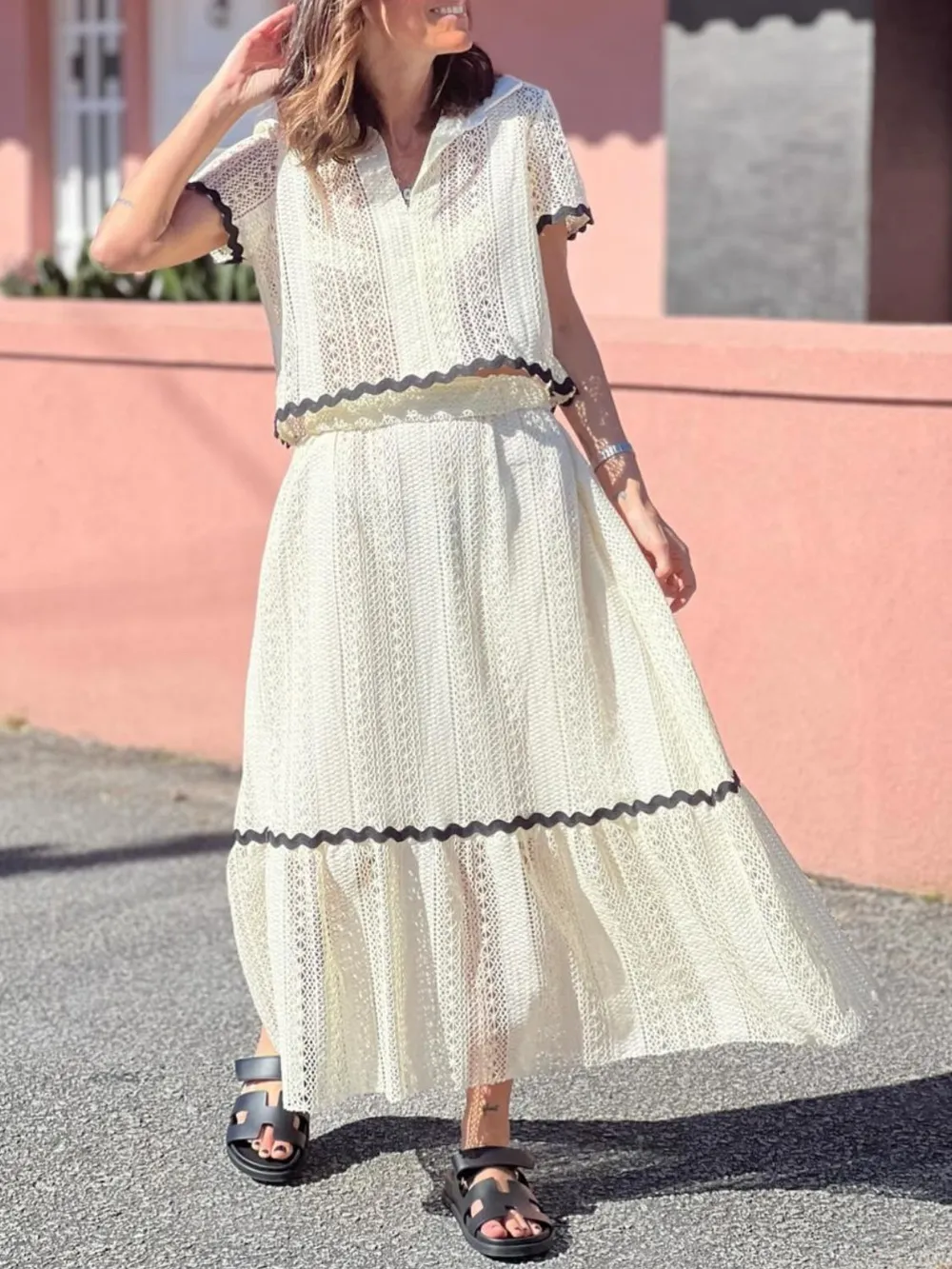 Contrast Trim Openwork Short Sleeve Top and Skirt Set, image 2