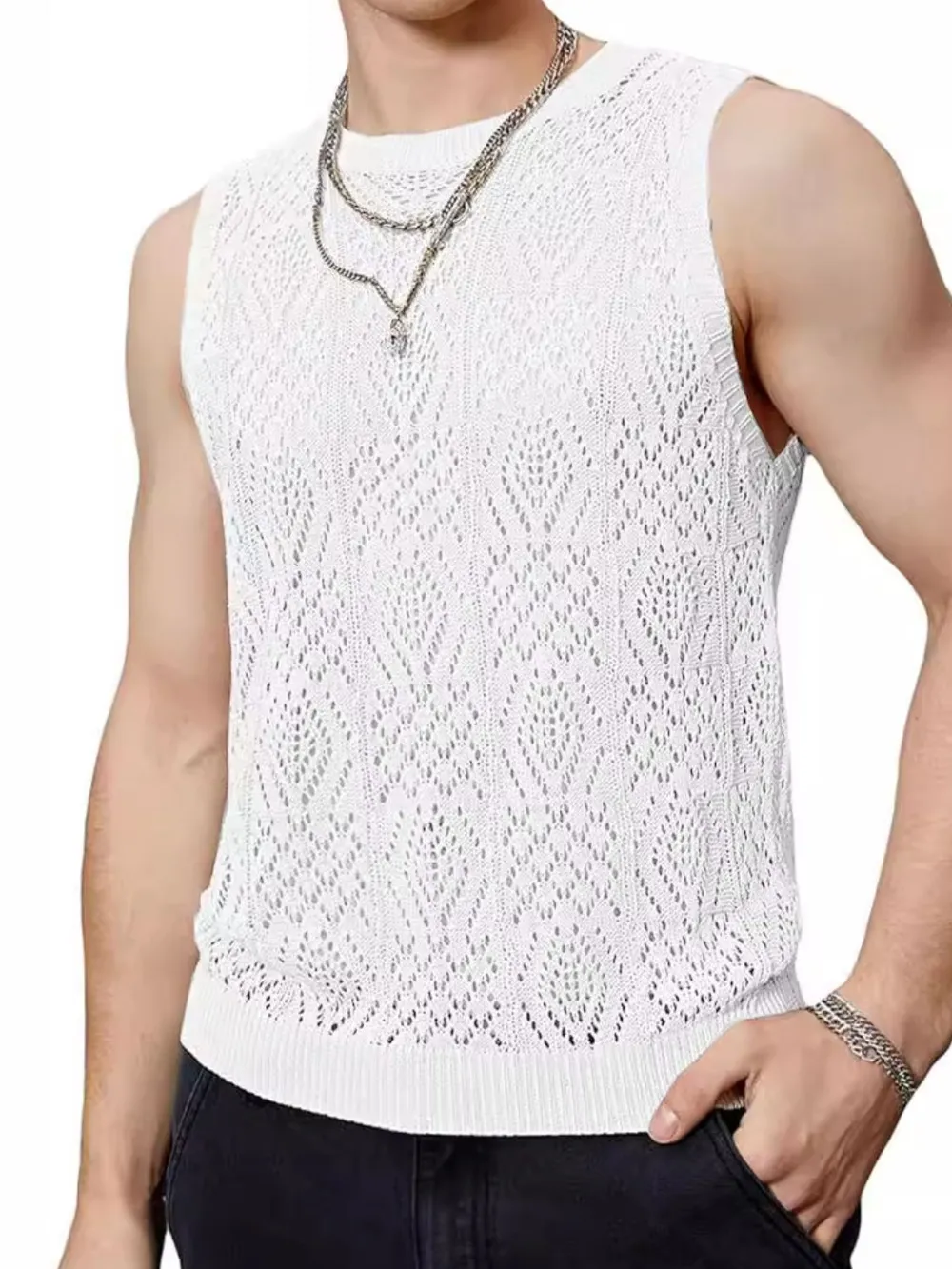 Men's Openwork Round Neck Tank, image 4