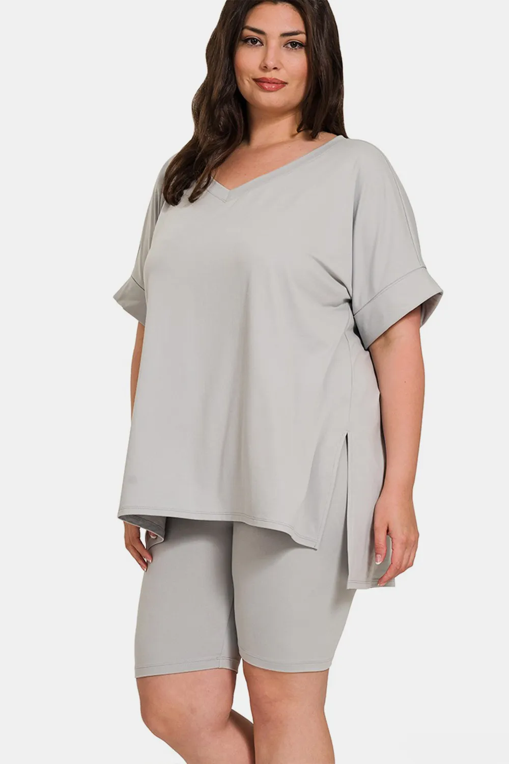Full Size V-Neck Short Sleeve Slit T-Shirt and Shorts Set, image 3