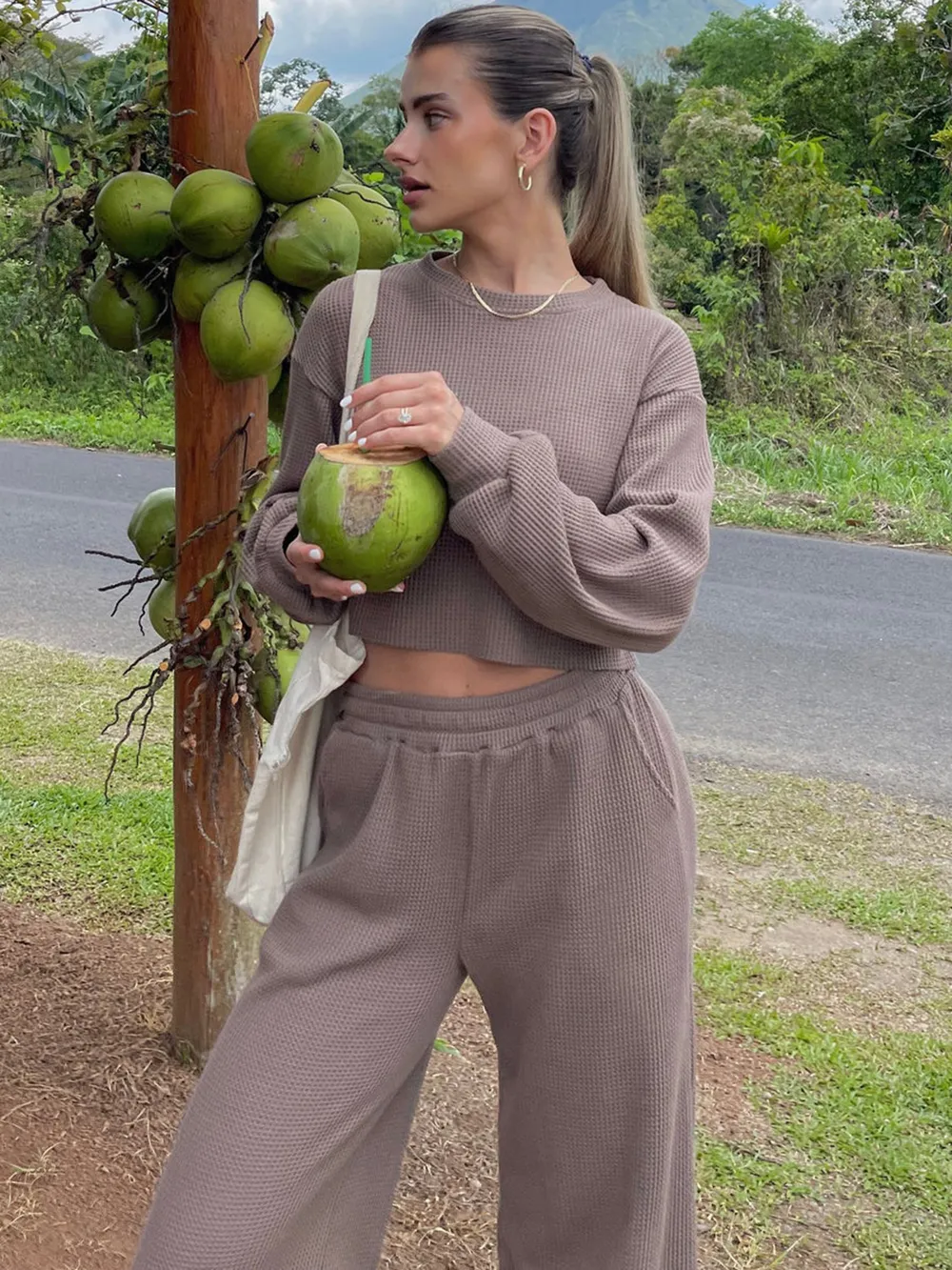 Waffle-Knit Round Neck Top and Pants Set, image 22