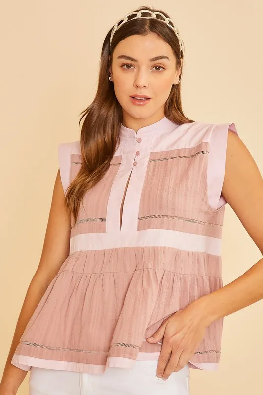 Contrast Trim Peplum Button Detail Blouse, image 2