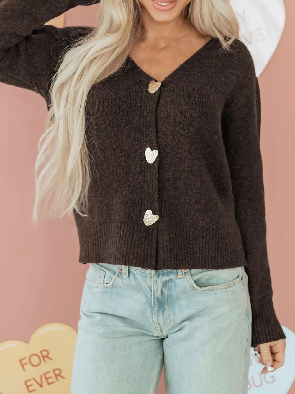 Heart Metal Button V Neck Cardigan Sweater, image 7