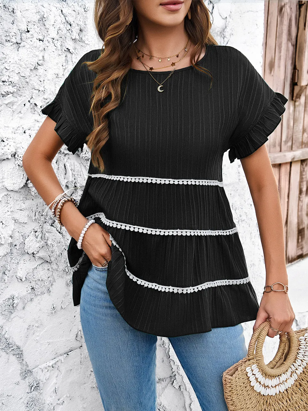 Round Neck Flounce Sleeve Blouse, image 2