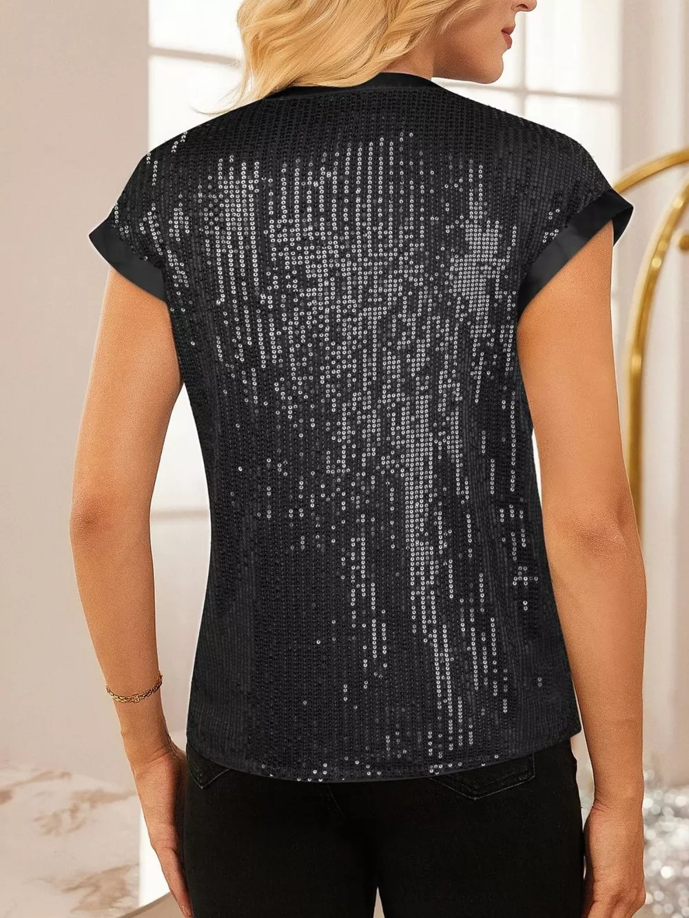 Sequin Notched Cap Sleeve Blouse, image 16
